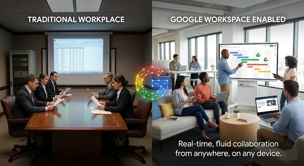 A split-screen comparison showing a dark, formal boardroom labeled 'Traditional Workplace' next to a bright, collaborative office space labeled 'Google Workspace Enabled' with people using digital tools for real-time teamwork.