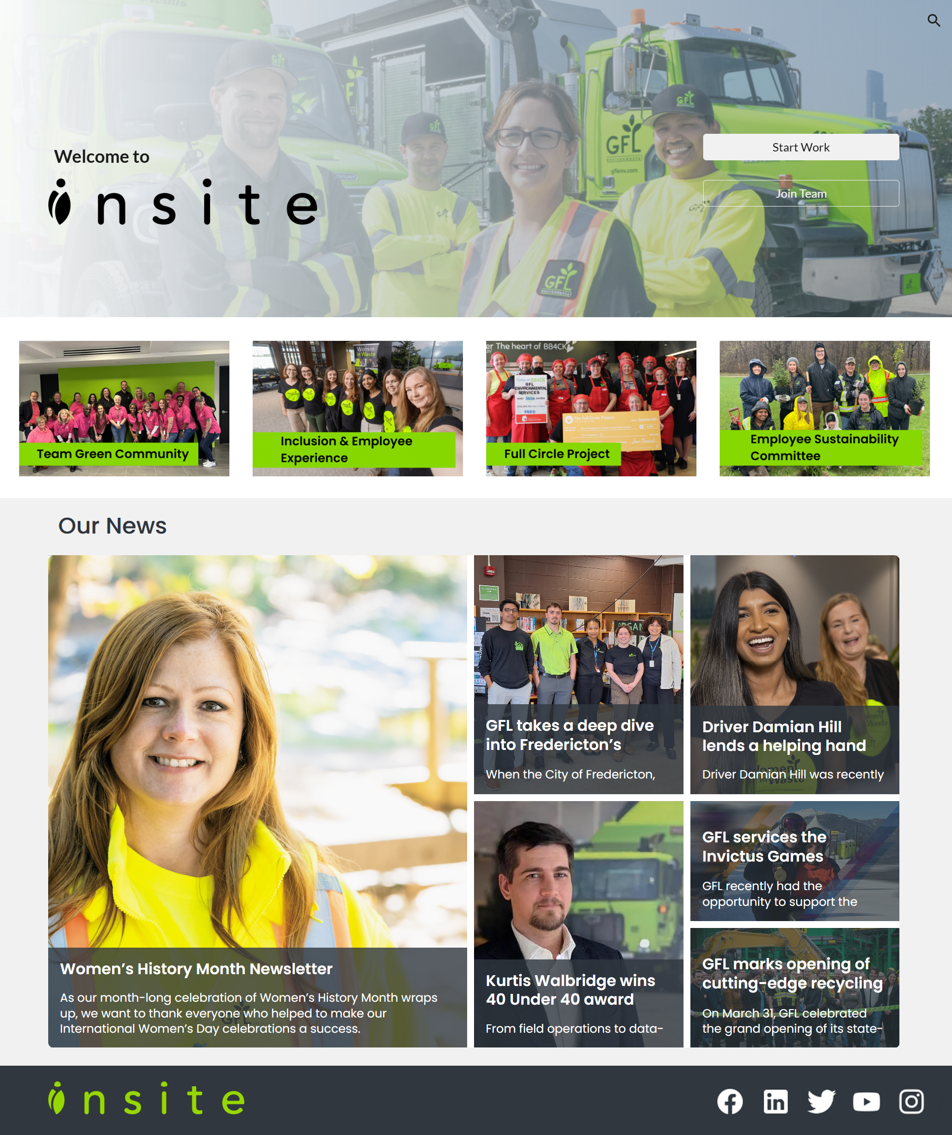 Webpage titled "Insite," featuring a header banner with four workers in front of a green GFL truck, a row of four smaller team photos, and an "Our News" section with multiple news articles and employee spotlights.