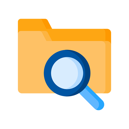 Orange folder icon with a blue magnifying glass representing file search.