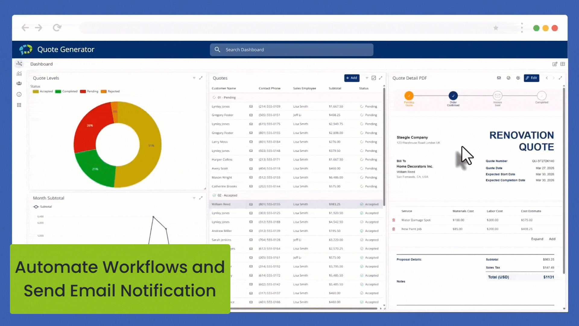 AppSheet demo showing workflow automation with email notifications, PDF generation, and an analytics dashboard.