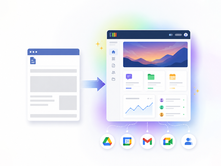 An arrow points from a plain page to an advanced Google Sites intranet layout.