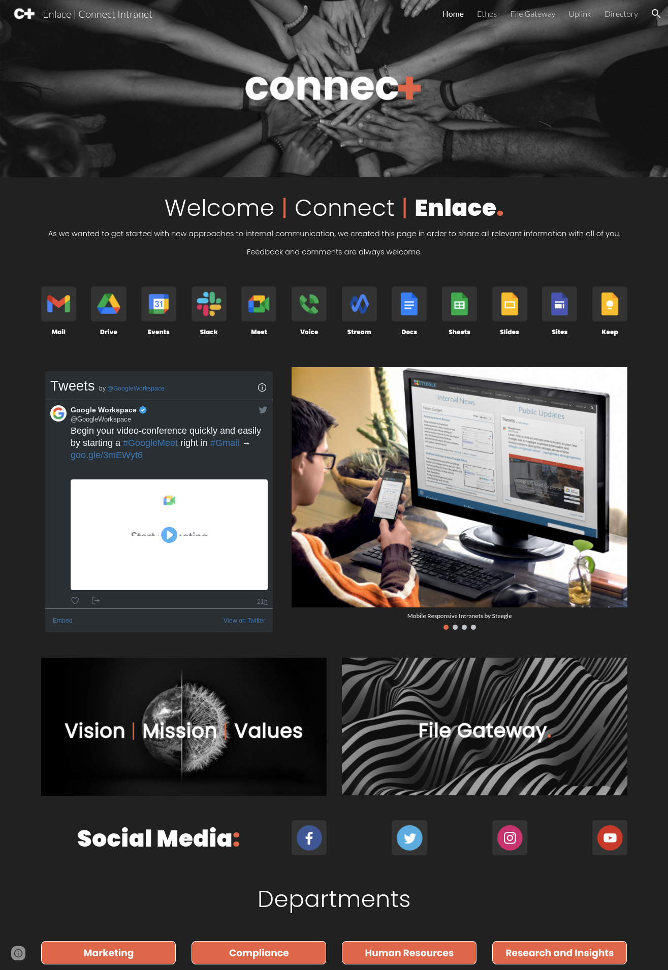 Webpage for Connect Intranet featuring hands in unity and logos for apps: Mail, Drive, Events, Slack, Meet, Voice, Stream, Docs, Sheets, Slides, Sites, Keep. Includes tweets by Google Workspace, image of person using tech, and sections for Vision, Mission, Values, Social Media, and Departments like Marketing and Compliance.