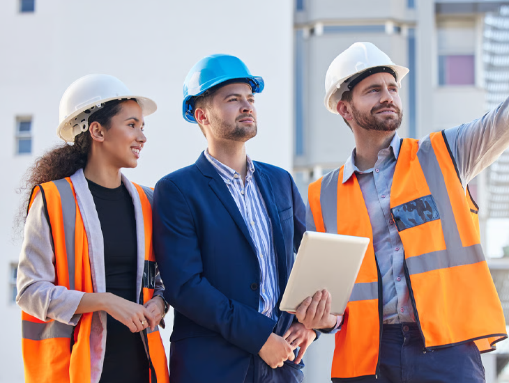 Three construction professionals review industry solutions on a tablet.