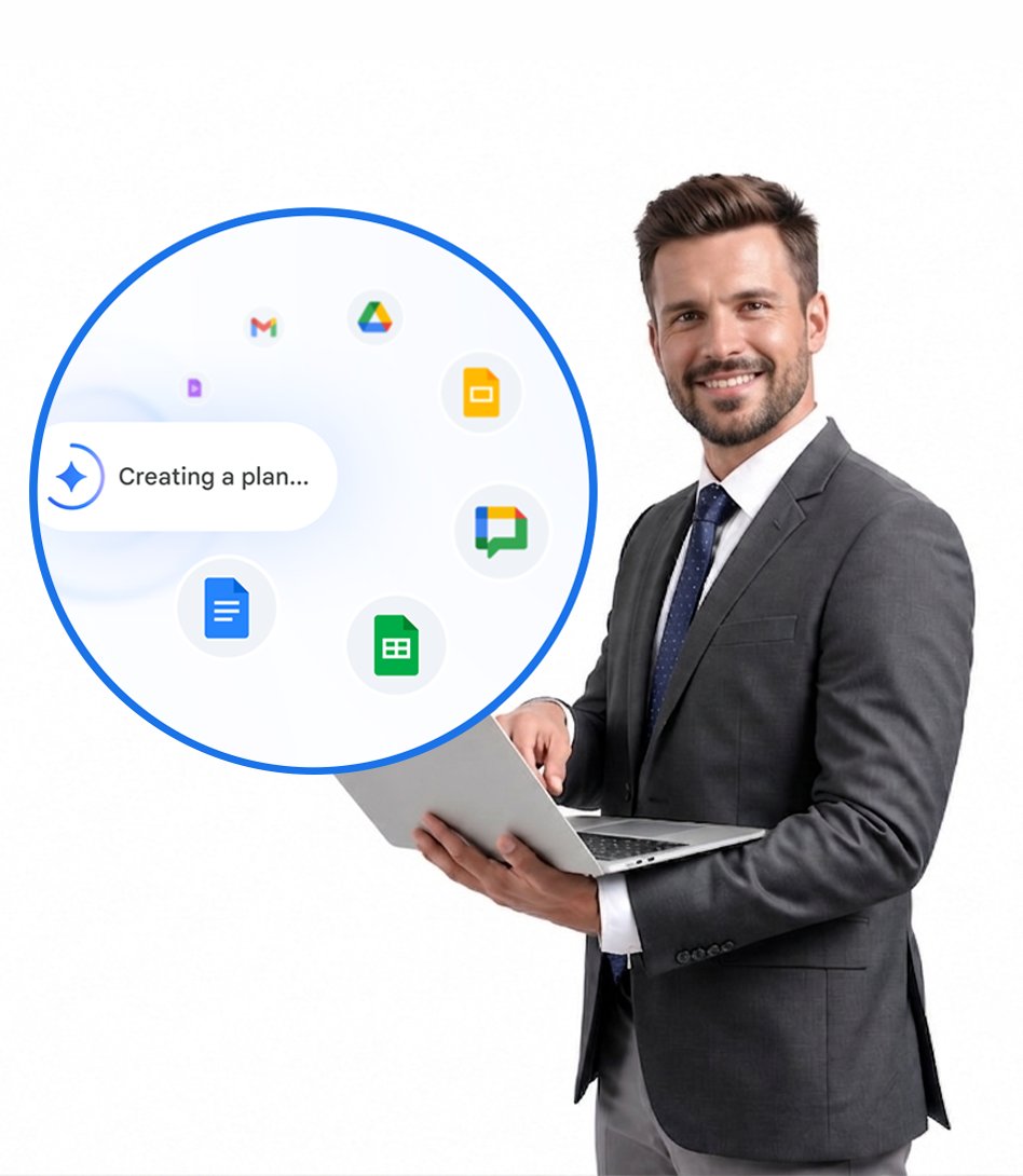 Man in a suit holding a laptop, looking surprised, with Google Workspace productivity app icons arranged in a circle to his left.