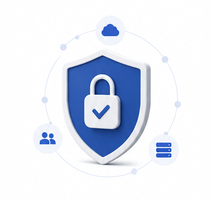 Blue shield icon with a check-lock symbol in the center, surrounded by smaller icons representing cloud security, database protection, and group security settings.