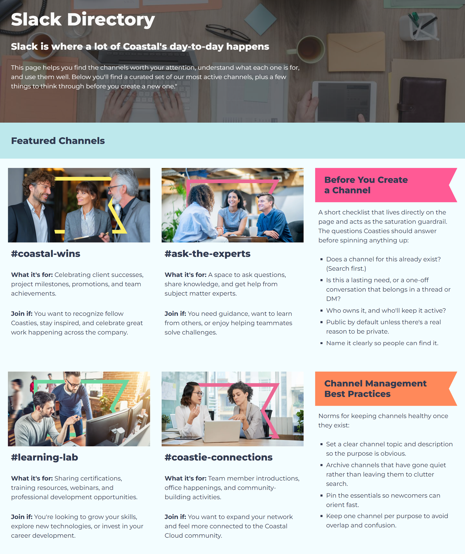 Coastal Cloud Slack directory layout for a Google Sites intranet page.