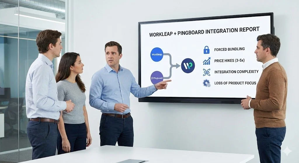 An infographic detailing the December 2023 acquisition of Pingboard by Workleap, illustrating challenges such as forced bundling, 3-5x price hikes, integration bugs, and loss of product focus.