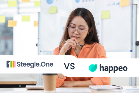 A comparison graphic showing Steegle.One and Happeo logos with a "VS" circle, featuring a professional woman in an office setting evaluating intranet software solutions for Google Workspace.