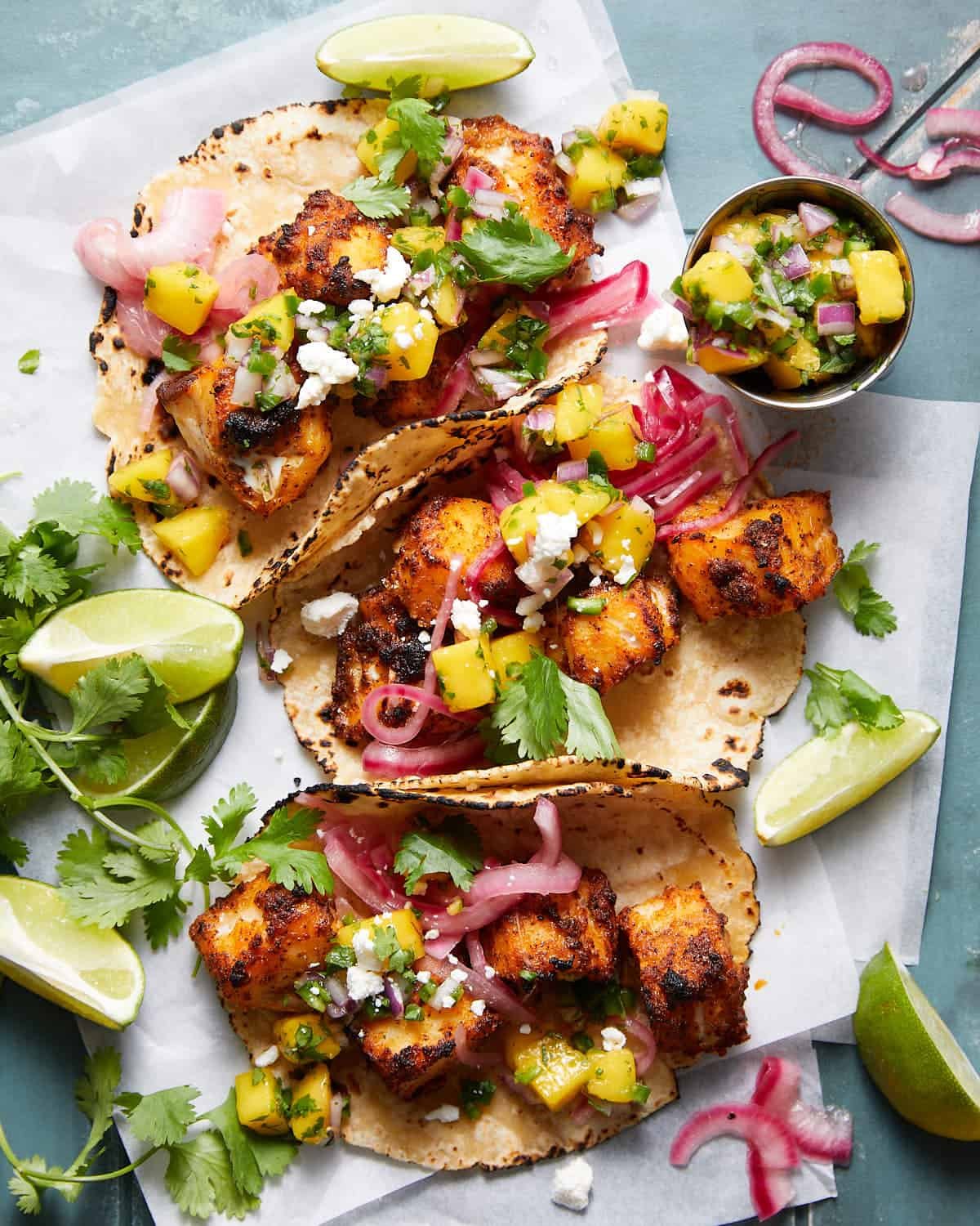 Fish Tacos with Mango Salsa and Guacamole