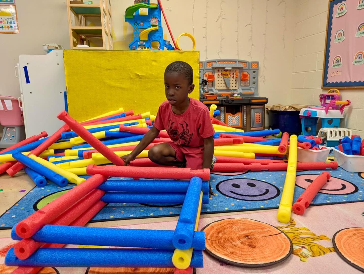 While helping Mom at church, A spent some time testing the Lincoln logs made from pool noodles the Homan’s cut for VBS! They are amazing!! Thank you!