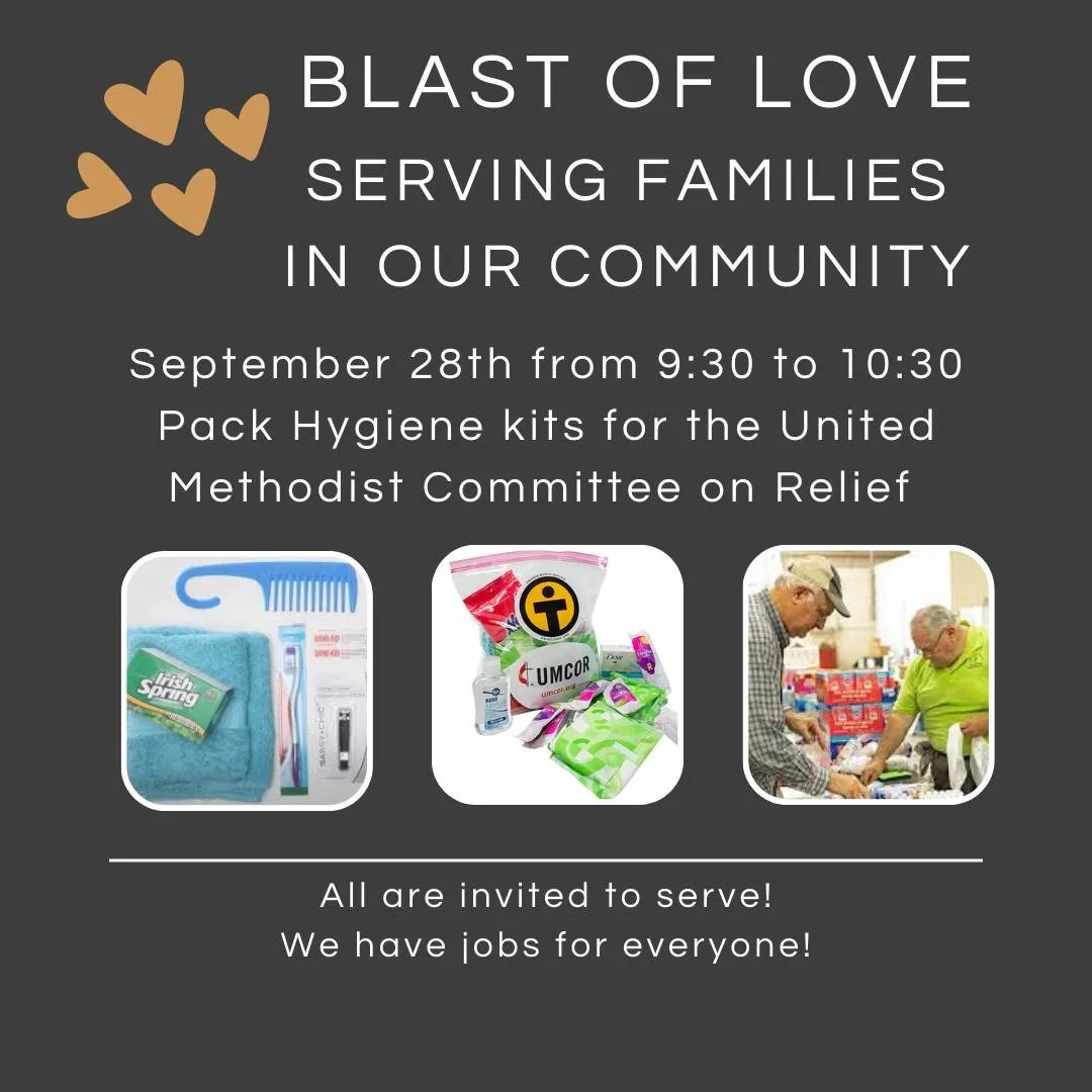 This year, MUMC Missions is packing 150+ Hygiene & Menstrual Hygiene Kits for UMCOR during the Sunday School Hour on Sept. 28! These kits bring hope to people facing disaster.
Learn about what goes in a Hygiene Kit ($12) and a Menstrual Hygiene