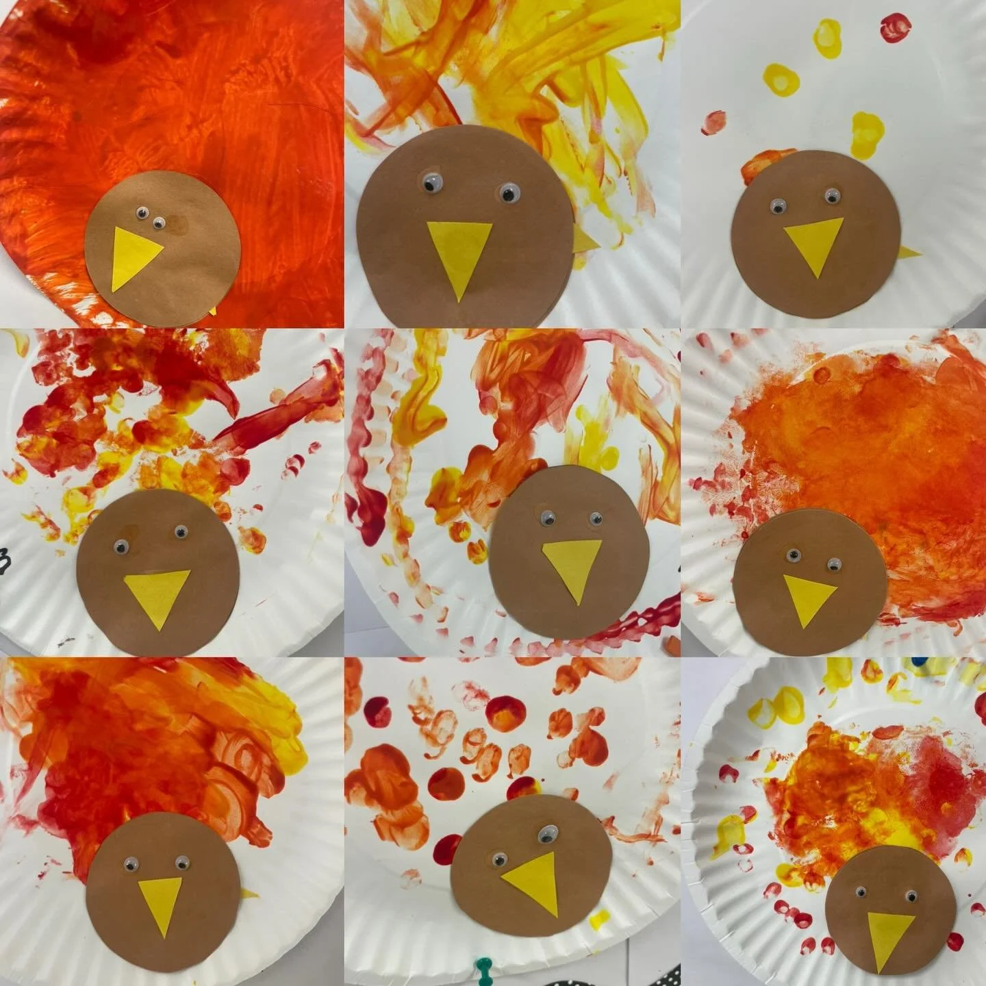 Our three-year-old class with Mrs. Biggs created the most colorful process art turkeys this week! 🦃🎨 Using paper plates, Q-tips, and orange, red, and yellow paint, our little artists explored color, texture, and creativity as they dotted and blende