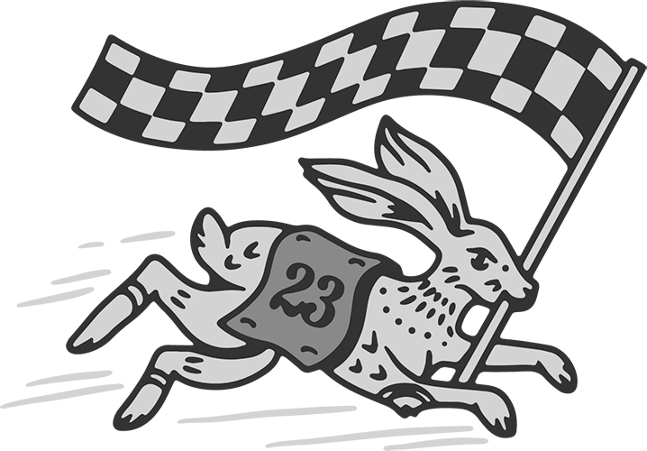 A stylized illustration of a hare with a racing number 23 on its side, holding a checkered flag, in a dynamic race setting.