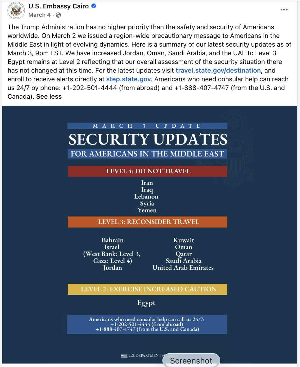Screenshot of the US Embassy in Cairo's Facebook post on March 4, 2026.