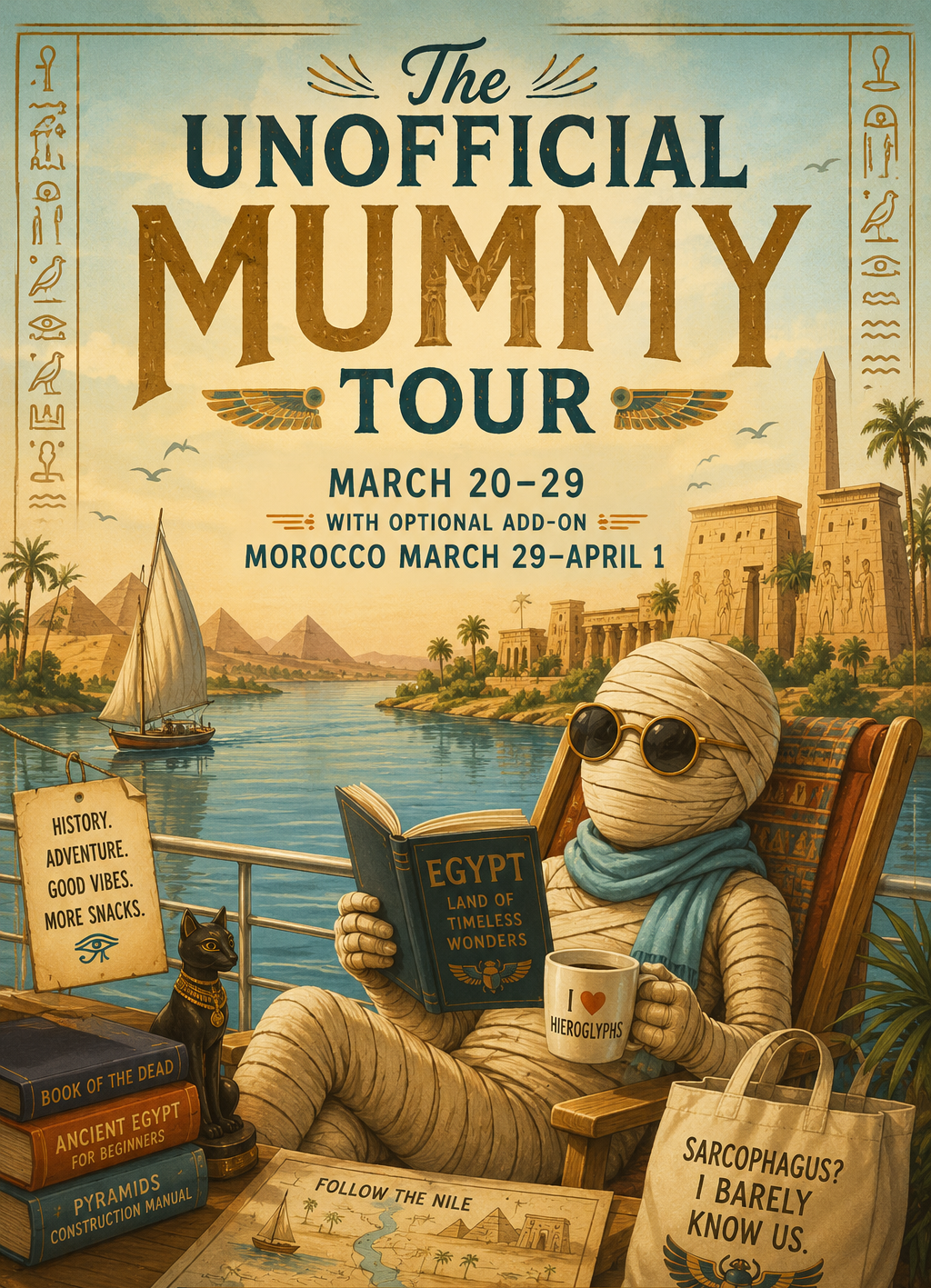 A mummy reading a book with the Nile and the pyramids and felucca in the background.
