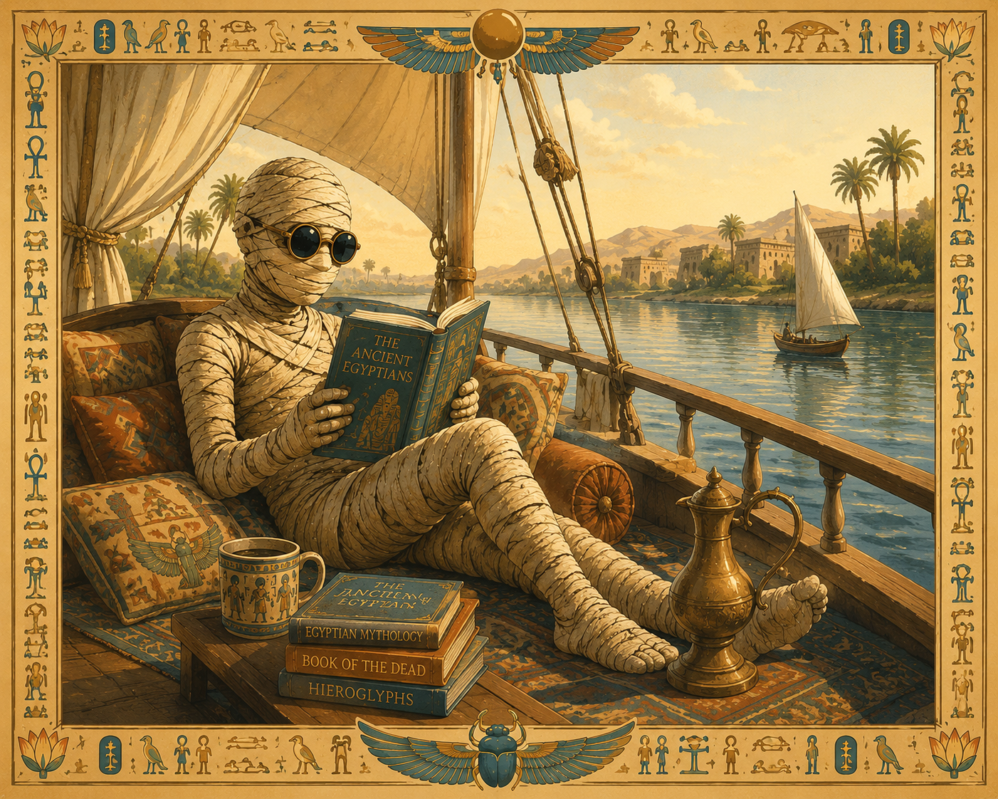 A sexy mummy reading while sailing on the Nile