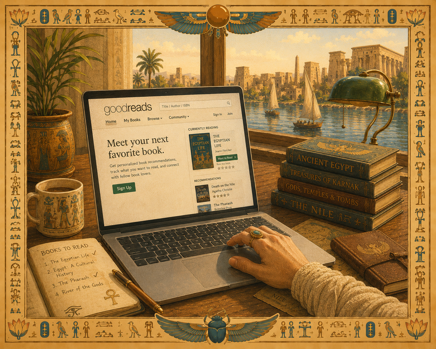 Clicking on Goodreads with the Karnak temple in the background.