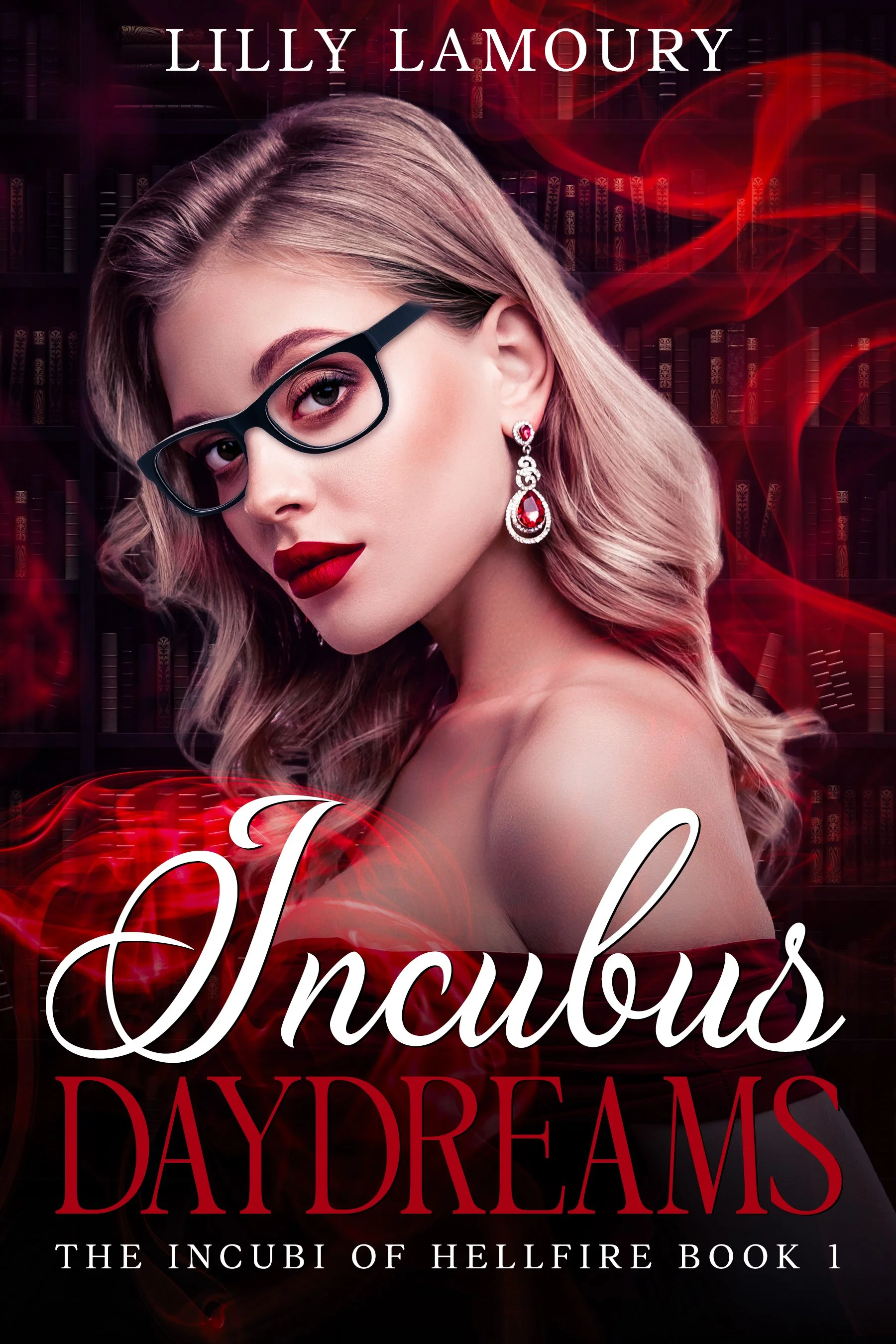 Book cover featuring a white woman with blond hair in dark-rimmed glasses standing in a dark library surrounded by red smoke.
