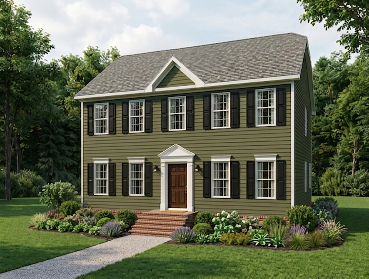 Elevation drawing of a green, two-story house with black shutters, white trim, brick steps, and a gabled roof, labeled The Randolph with 3 bedrooms, 2.5 bathrooms, and 1,768 square feet.