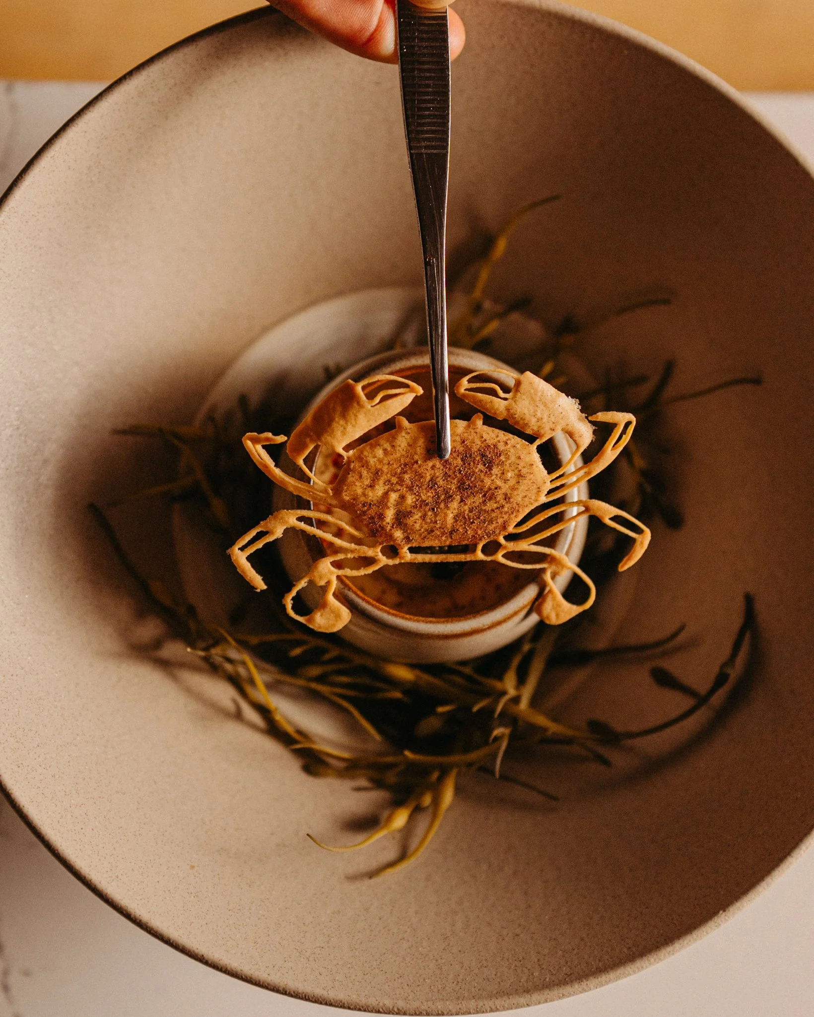 A small crab inside a bowl with a hand holding a spoon above it, surrounded by a nest of twigs and leaves.