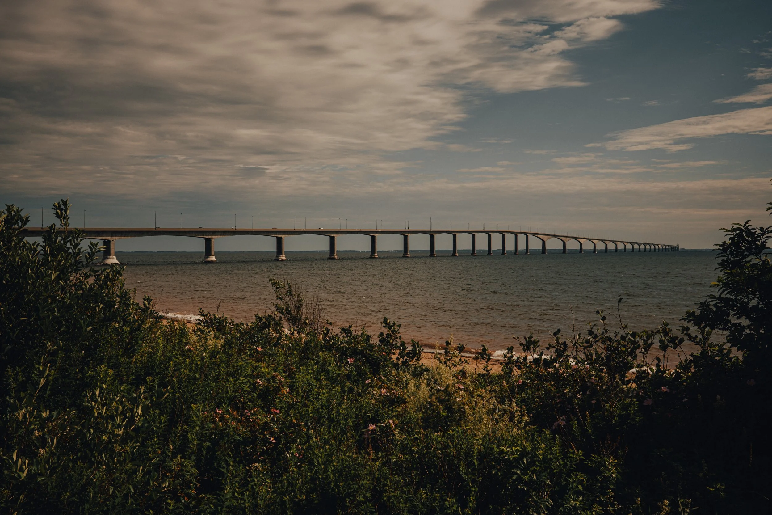 A long bridge stretching across a body of water beneath a cloudy sky, with vegetation in the foreground.