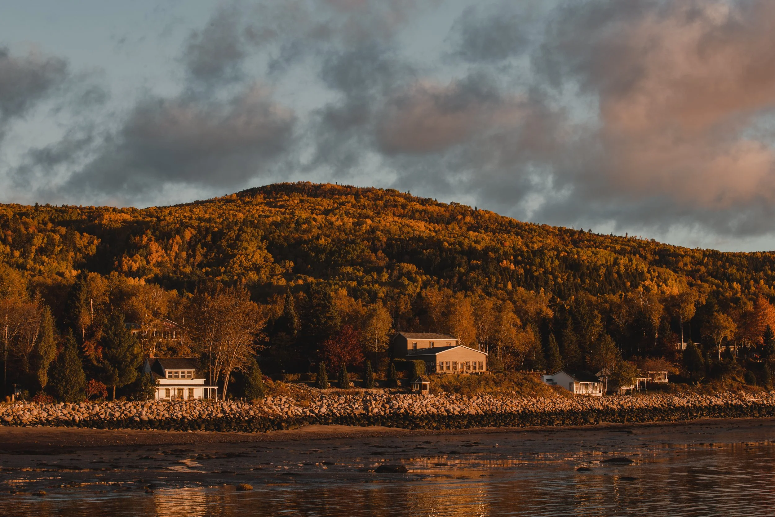 Autumn-colored hillside with houses near a rocky shoreline and cloudy sky.