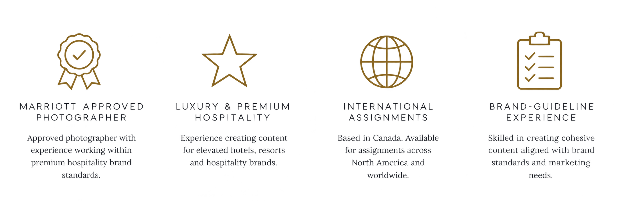 Four icons with text describing expertise and experience in hospitality photography, international assignments, and branding guidelines.
