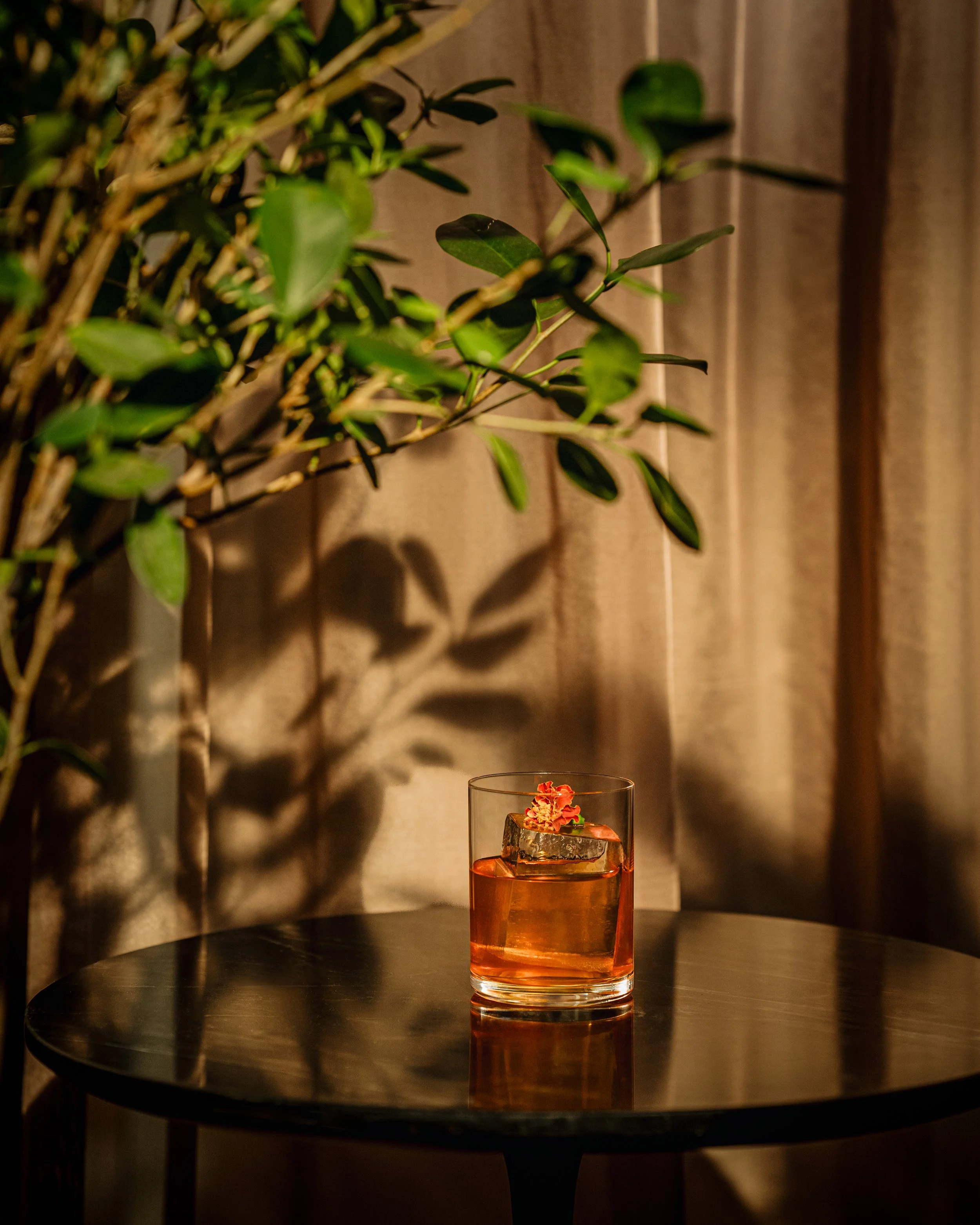 A tall glass with a reddish drink garnished with a small edible flower and ice cubes on a dark round table, with a large leafy plant and brown curtains in the background.