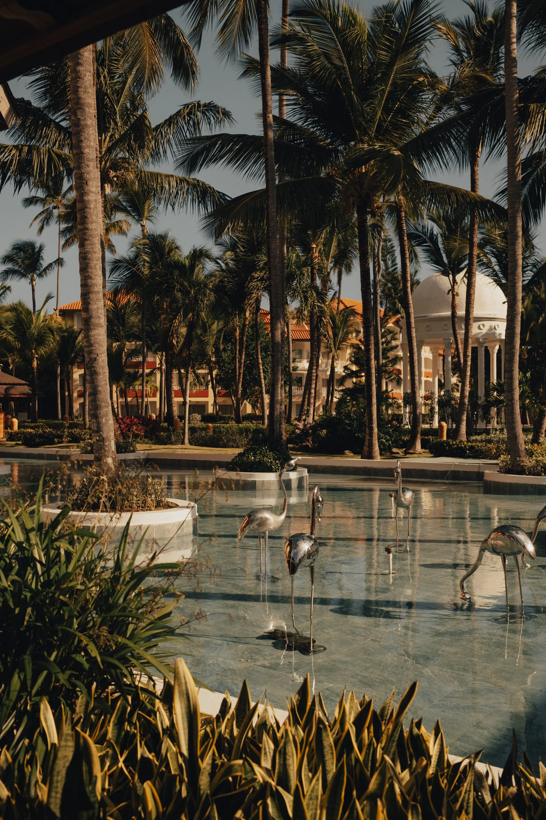 A tropical resort scene with tall palm trees, a fountain with metallic flamingo statues, and a white domed gazebo in the background surrounded by greenery.