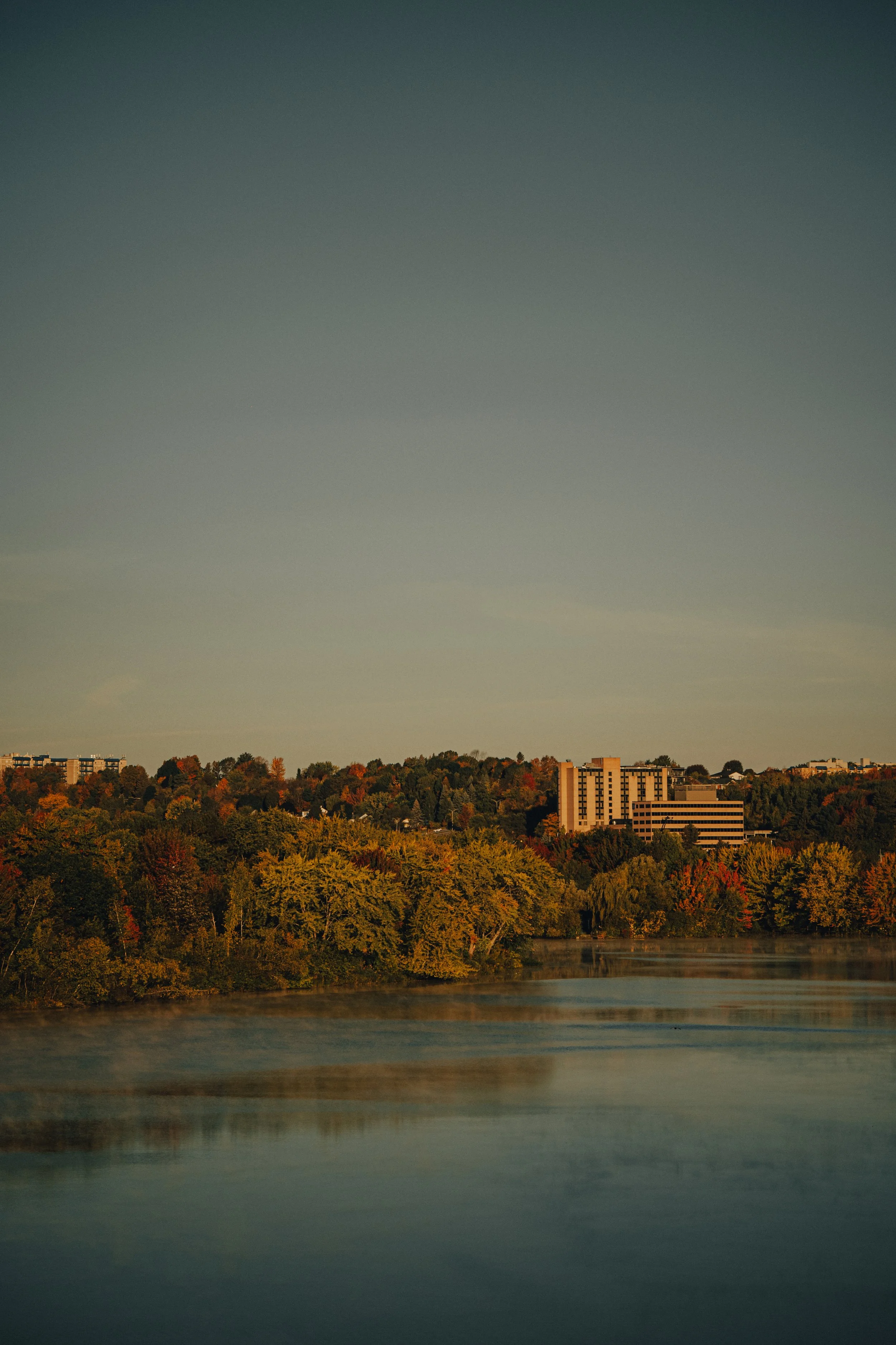 A calm river reflecting trees with fall foliage, with a cityscape and buildings in the background under a clear sky.
