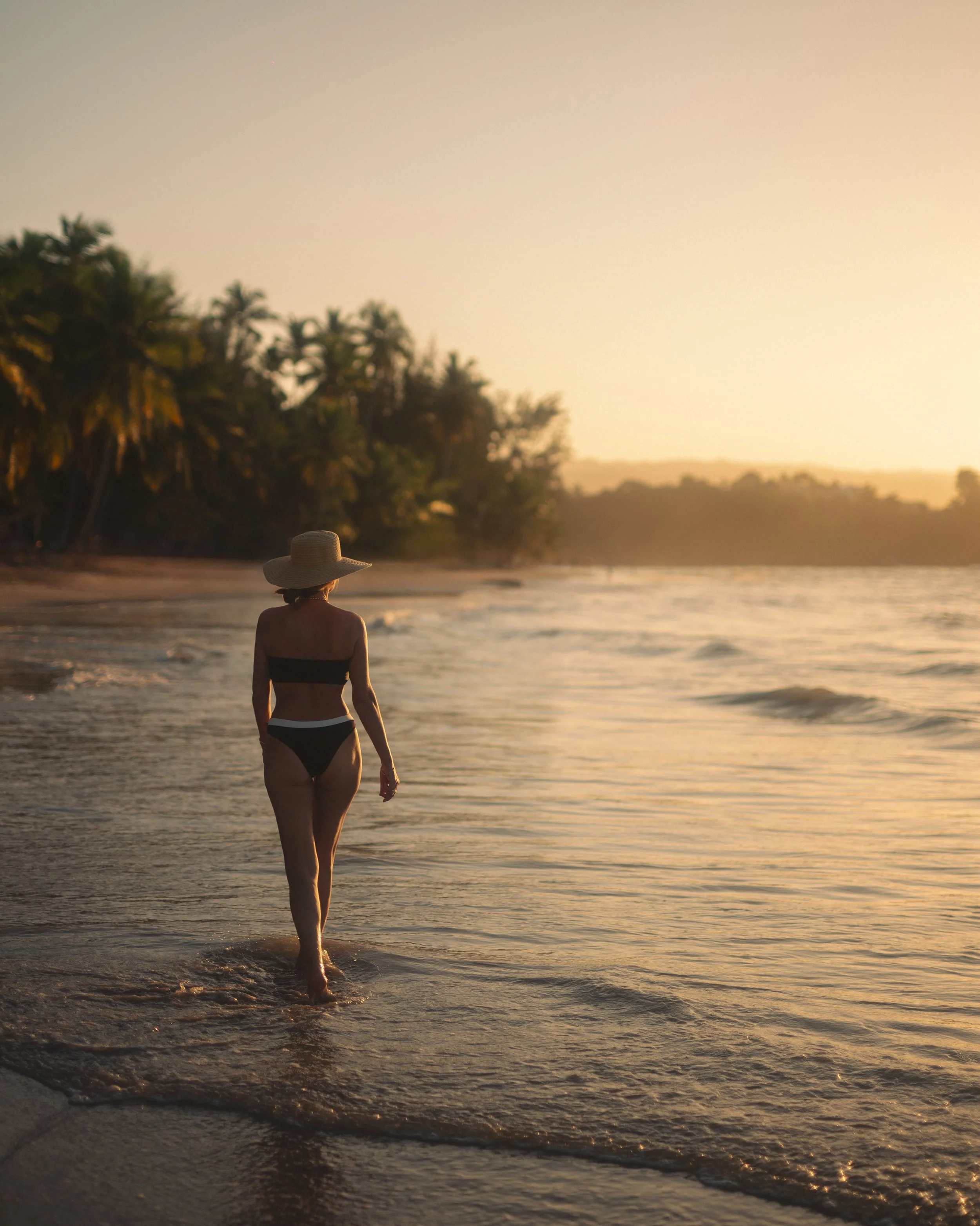 Person walking along the beach at sunset wearing a large straw hat, with lush tropical trees in the background and the ocean waves gently hitting the shore