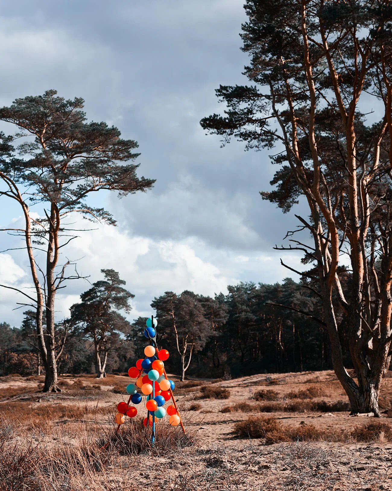 Landschaft mit bunten Luftballons an einem Gestell, umgeben von Bäumen und bewölktem Himmel.
