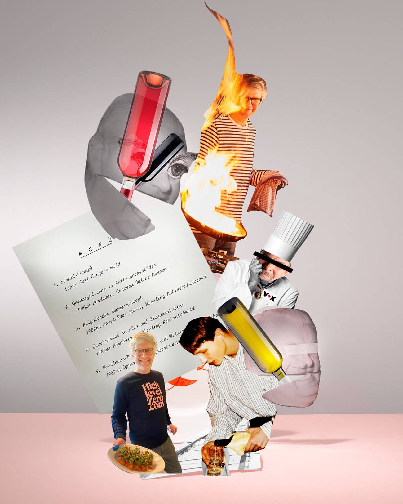 Collage mit verschiedenen Menschen, Lebensmitteln, Getränken, einem Menü, einer Flasche Wein, einem Koch, einem Mann mit Gabel und einem Mann mit einem Teller, surreal gestaltet mit Elementen wie Feuer und Flaschen.