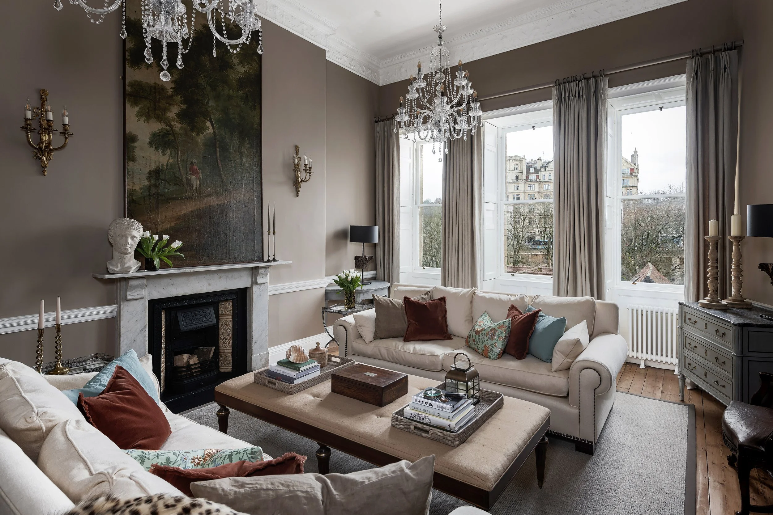 Period living room with marble fireplace and crystal chandeliers, Curated Property holiday let in Bath