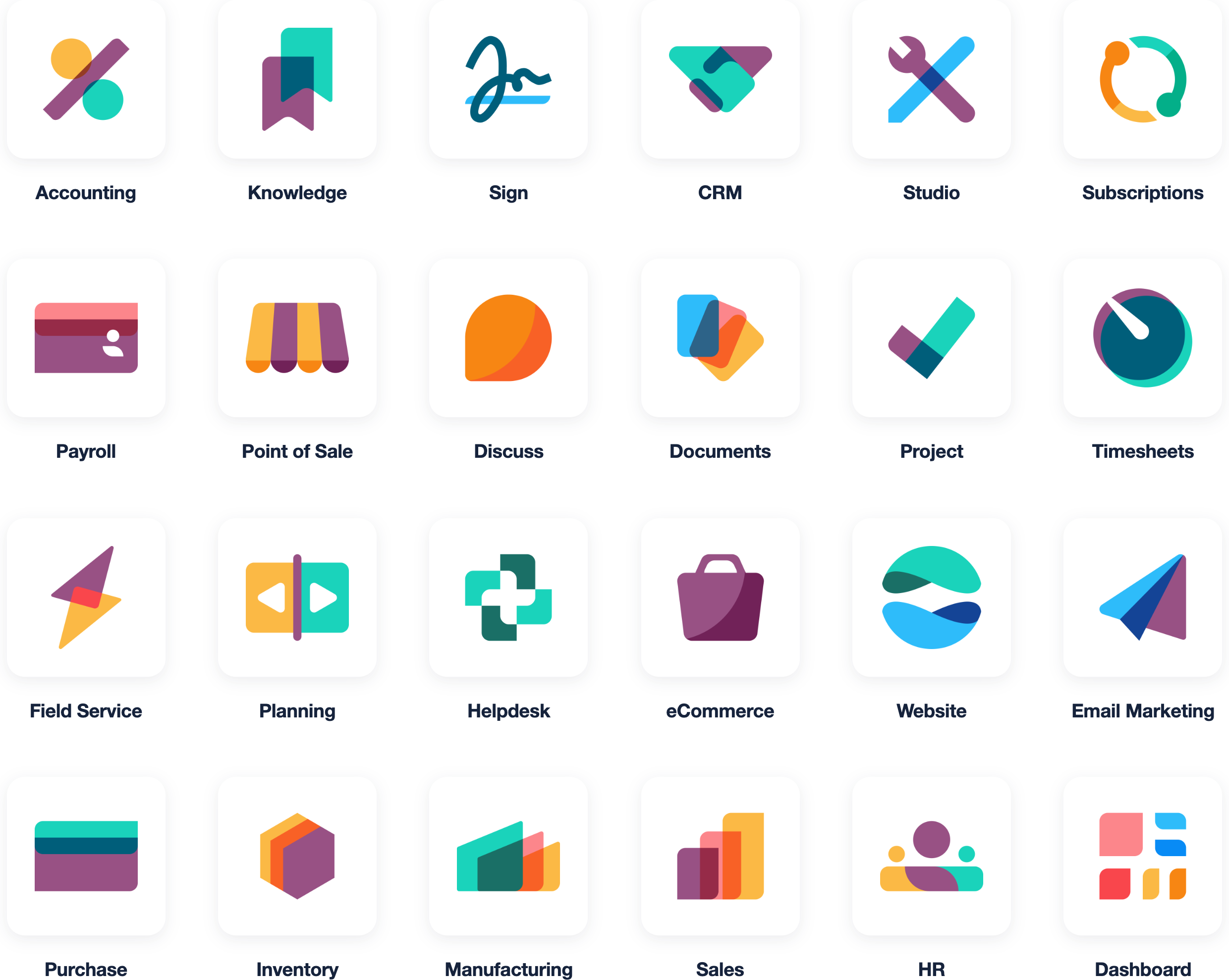 Odoo app icons including CRM, Inventory, Accounting, and Manufacturing