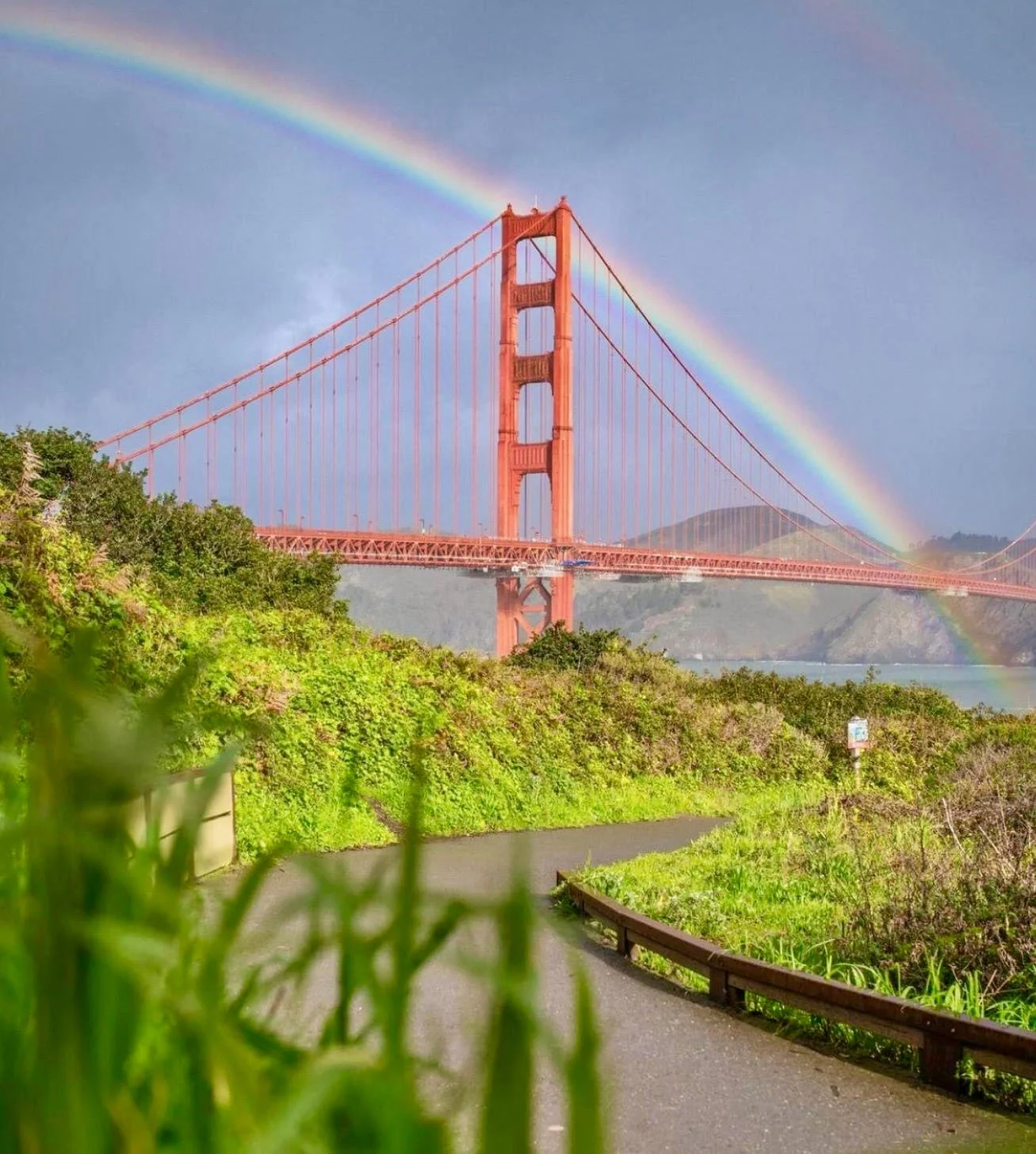 Golden Gate Bridge with a rainbow in the background, green foliage in the foreground, and cloudy sky.