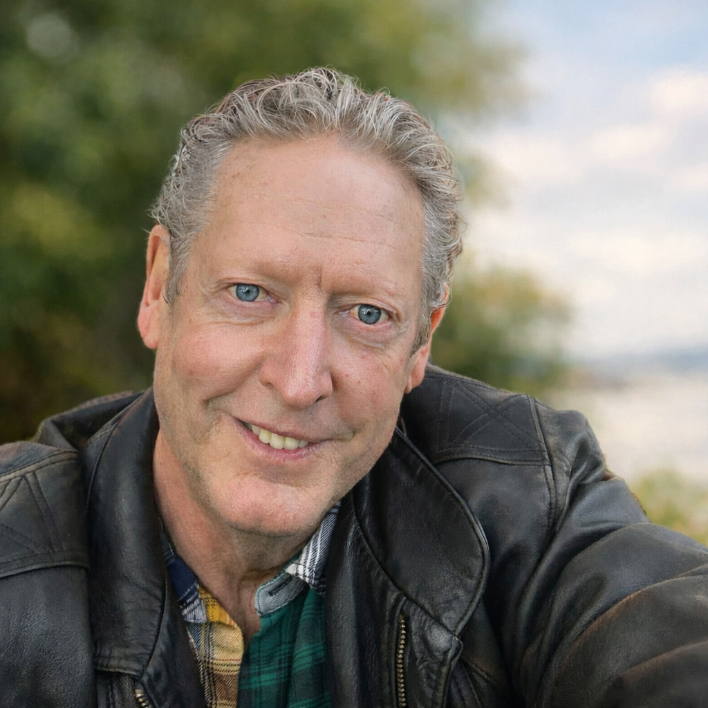 the wine and cannabis concierge with  blue eyes smiling outdoors, wearing a black leather jacket over a green plaid shirt.