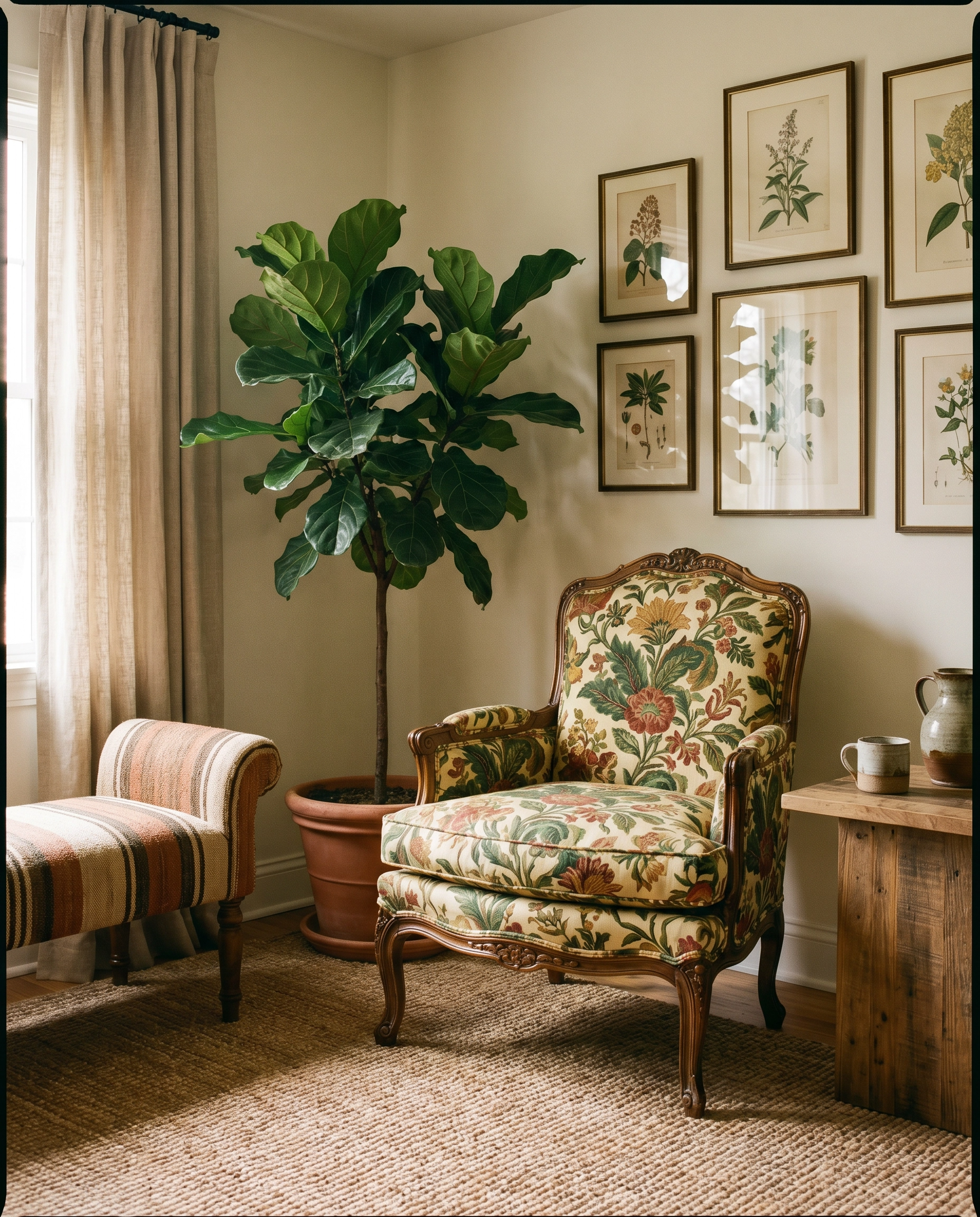 Vintage floral accent chair paired with striped bench seating, botanical wall art, and natural textures blending classic and modern spring interior design styles.