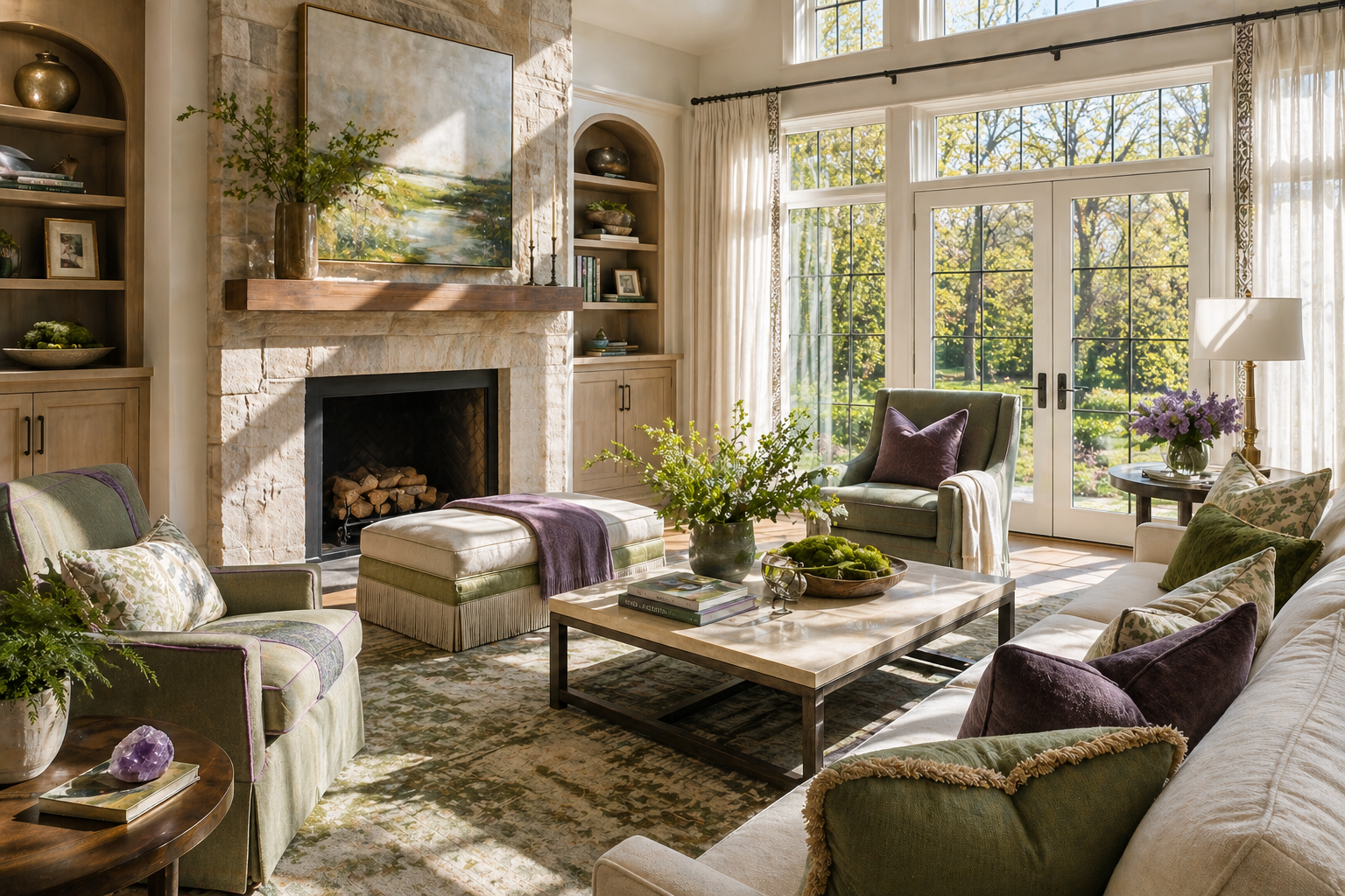 Elegant spring living room with neutral sofa, layered botanical pillows, warm wood accents, candlelight, and fresh greenery in a soft natural palette.