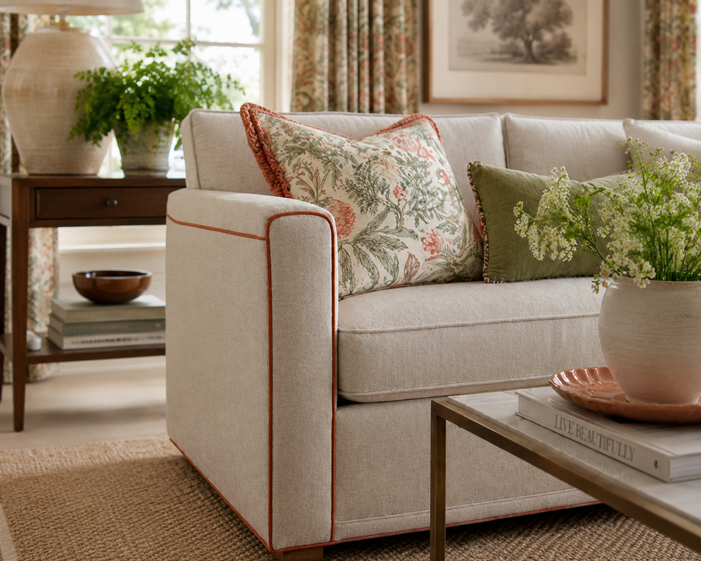Cream upholstered sofa with rust contrast piping, floral accent pillows, and soft spring textures in a bright, refined living room interior.