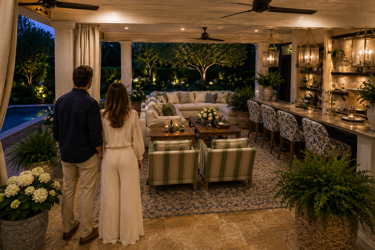 Luxury outdoor living space with covered patio seating, elegant bar area, warm evening lighting, and a couple overlooking a sophisticated spring entertaining space.