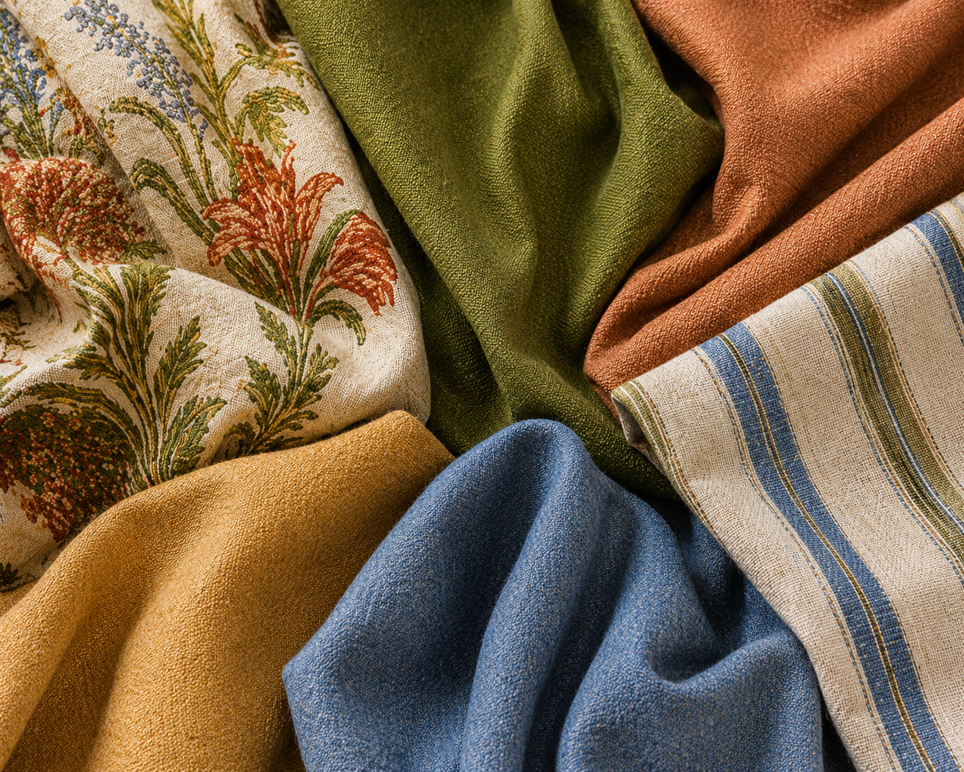 Layered spring upholstery fabrics featuring bold botanical prints, earthy green and terracotta textiles, soft blue linen, and striped neutral fabric arranged in an elegant designer palette.