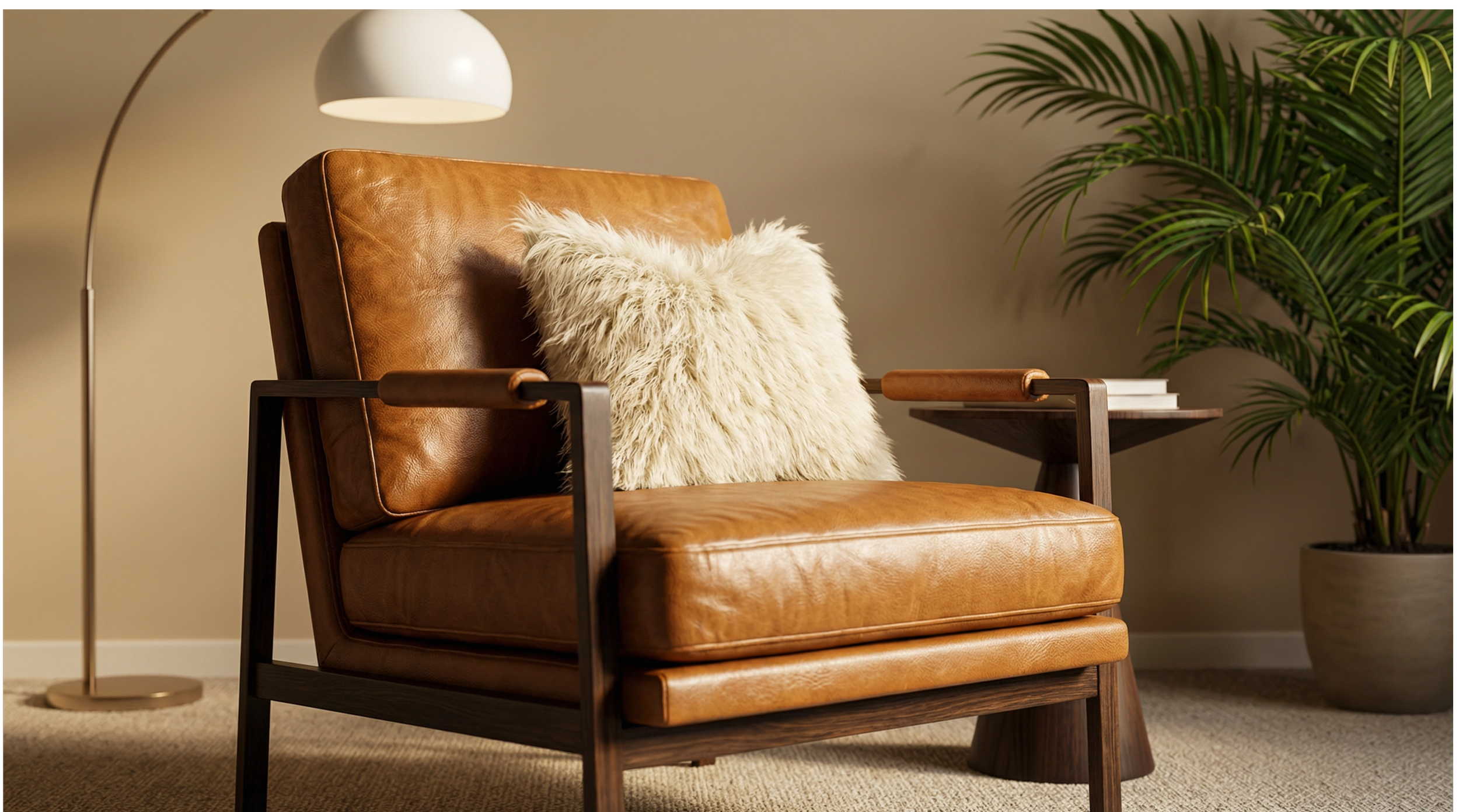 Caramel faux leather accent chair with cream shaggy faux fur pillow in modern living room setting