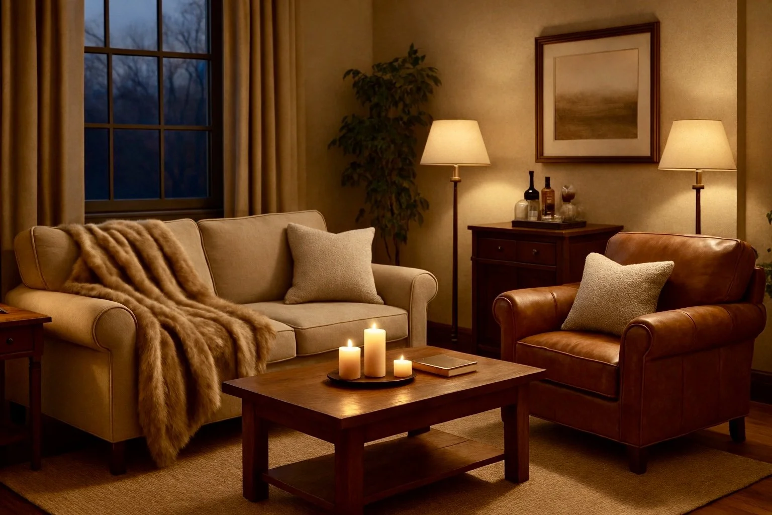 Warm and inviting living room, featuring a neutral sofa with luxurious car, mofo for throw, caramel tan, faux, leather accent chair with cream, textured, pillow, wooden coffee, table with glowing candles, golden curtains framing an evening window,