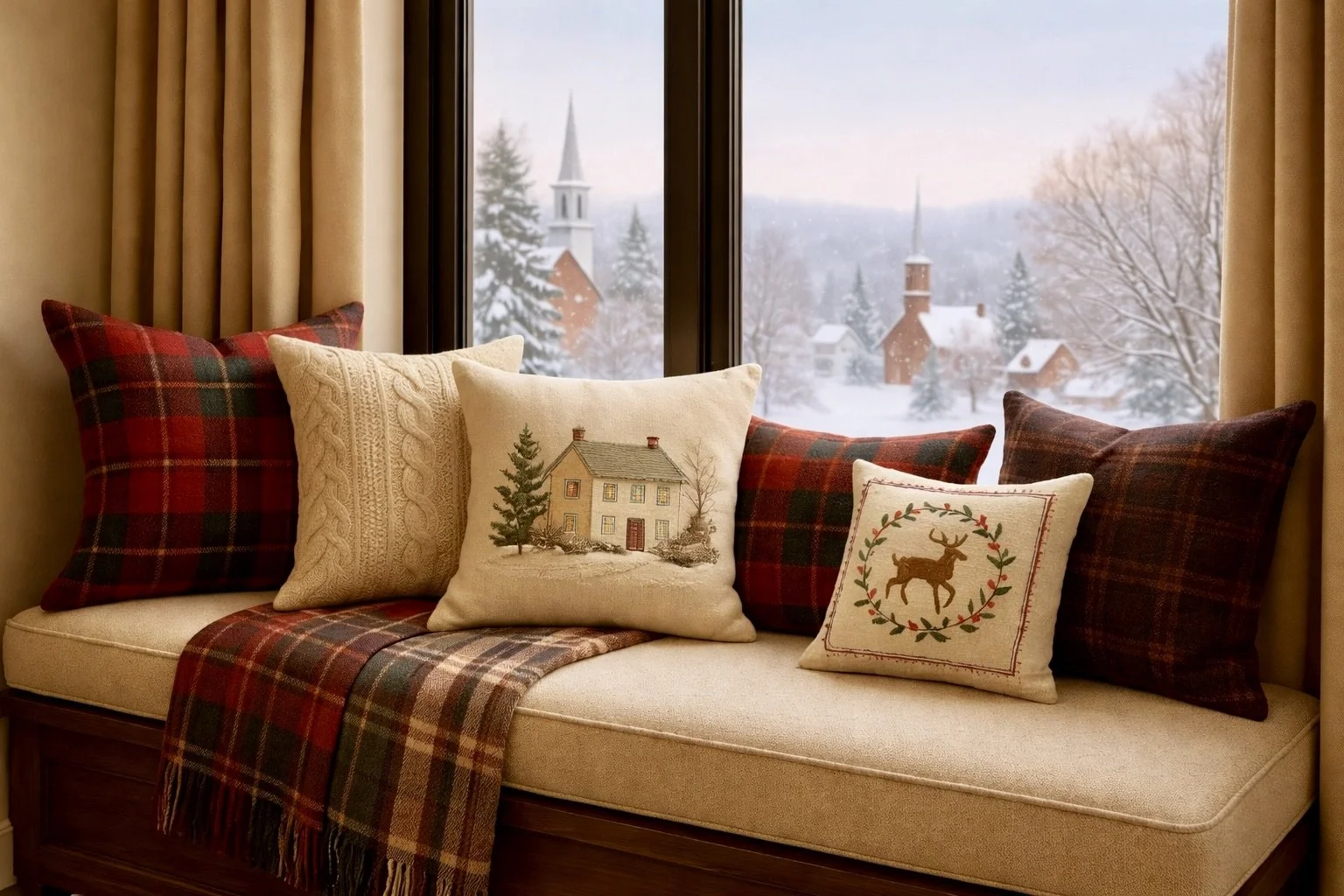 Winter window seat decorated with buffalo check pillows, cable knit accents, and holiday pillows with snowy village view