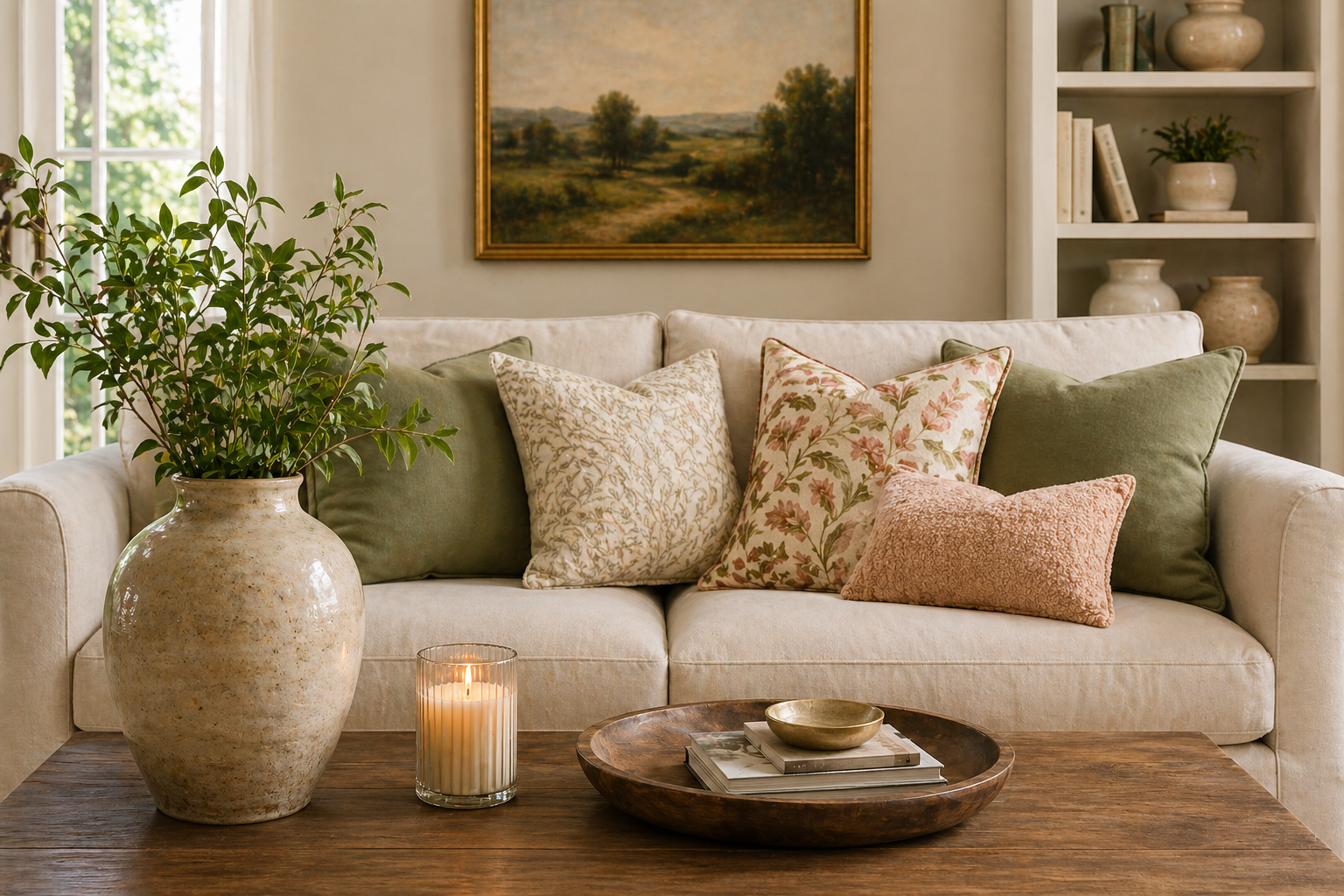 Elegant spring living room with neutral sofa, layered botanical pillows, warm wood accents, candlelight, and fresh greenery in a soft natural palette.