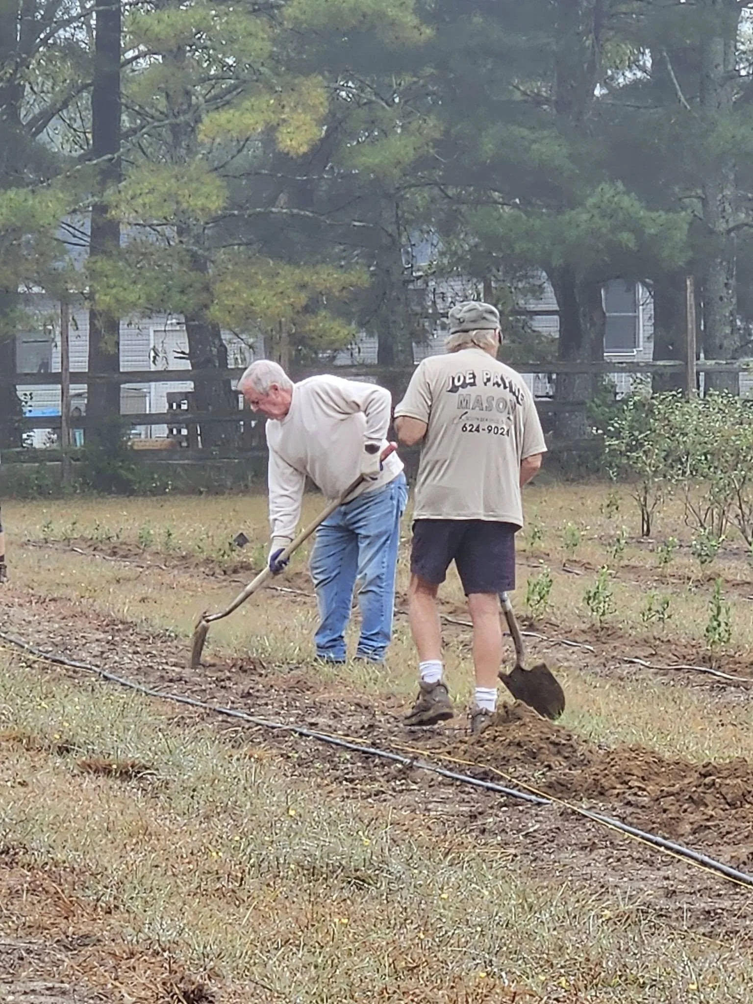 Two men working outdoors in a garden or farm, planting or cultivating the soil, with trees and a fence in the background.