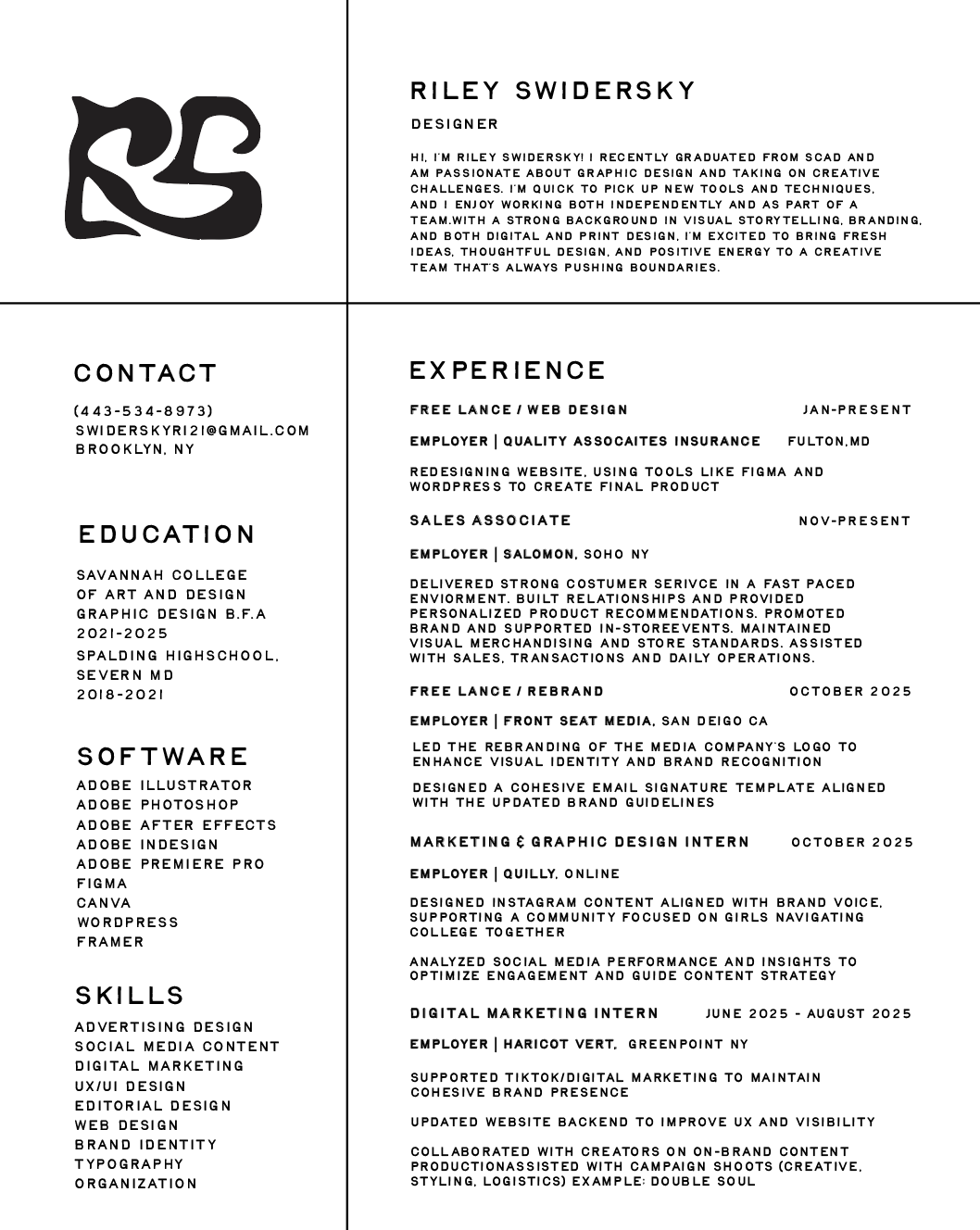 Resume for Riley Swidersky showing contact info, education, software skills, and experience in graphic design and marketing.