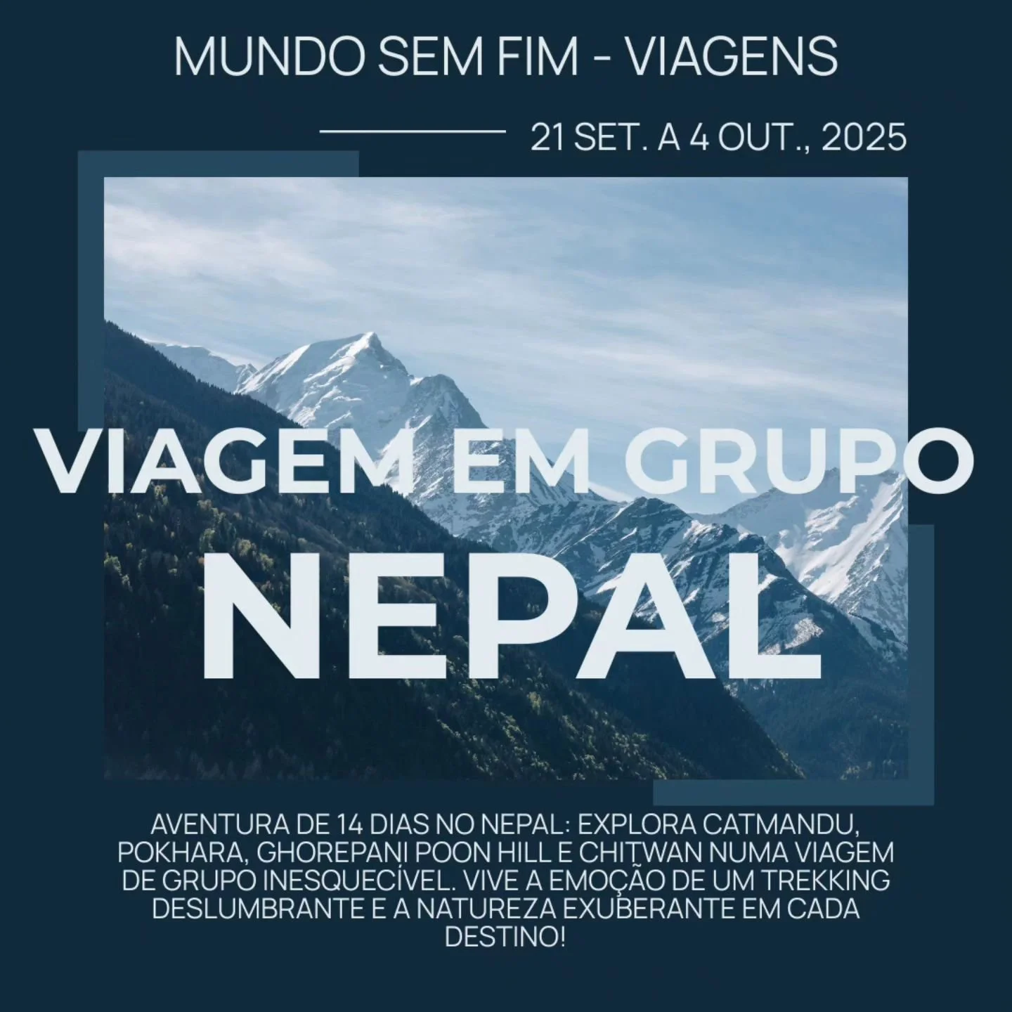 📍 Descobre o Nepal numa viagem de 14 dias em grupo! Explora a cultura vibrante de Catmandu, aventura-te num trekking at&eacute; Poon Hill e observa a vida selvagem no Parque Nacional de Chitwan. 

Uma experi&ecirc;ncia inesquec&iacute;vel espera-te!