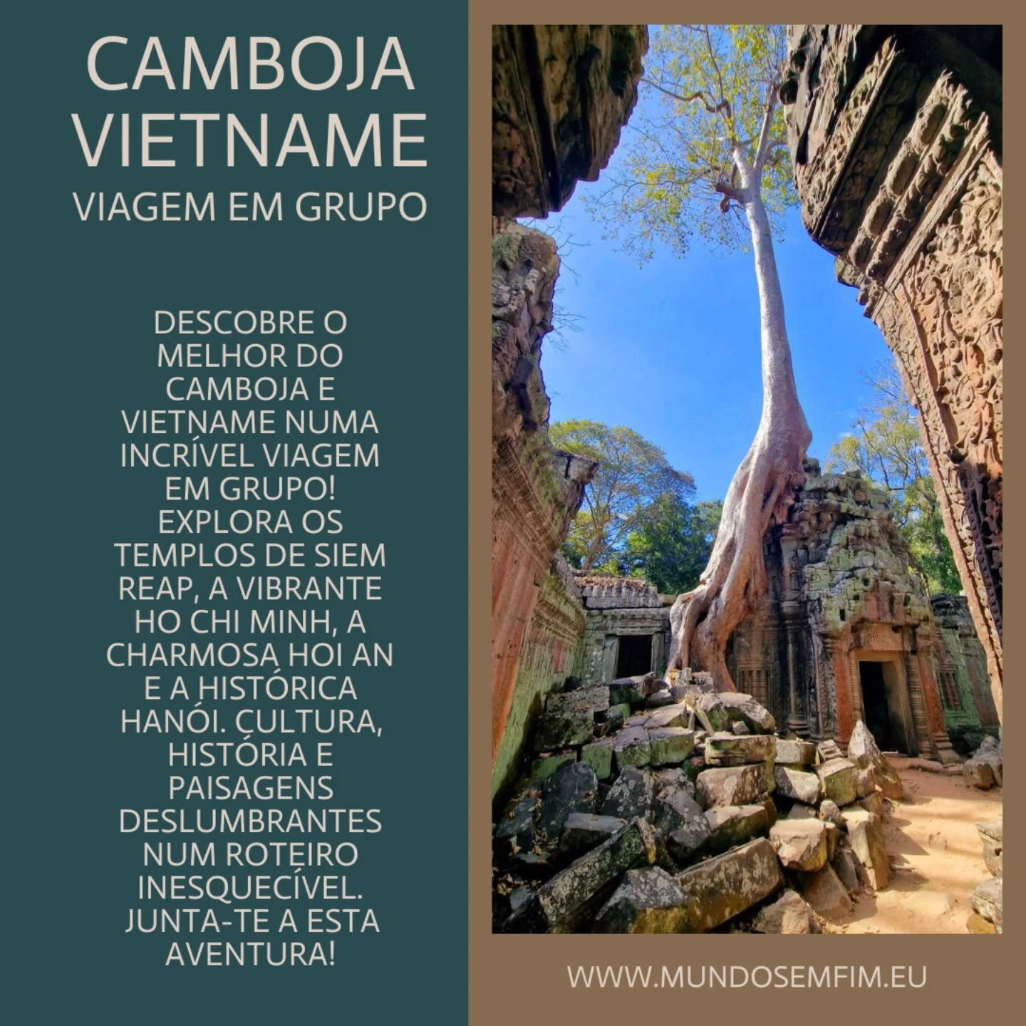 Vem viver uma aventura incr&iacute;vel no Camboja e Vietname!&nbsp;🇰🇭🇻🇳 

Explora os mist&eacute;rios de&nbsp;Siem Reap&nbsp;e os templos de Angkor, mergulha na energia de&nbsp;Ho Chi Minh, relaxa nas ruas encantadoras de&nbsp;Hoi An&nbsp;e desco